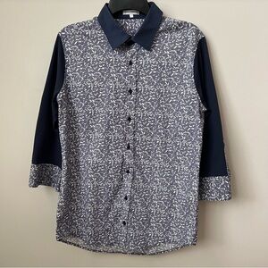 Naracamicie Collared 3/4 Sleeve Button Up Shirt Blue Leaf Print Italy Sz M